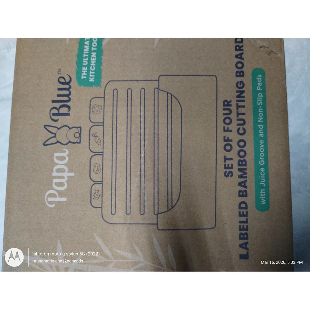 Papa Blue Labeled Bamboo Cutting Board Set of 4 with Stand Juice Groove Non-Slip
